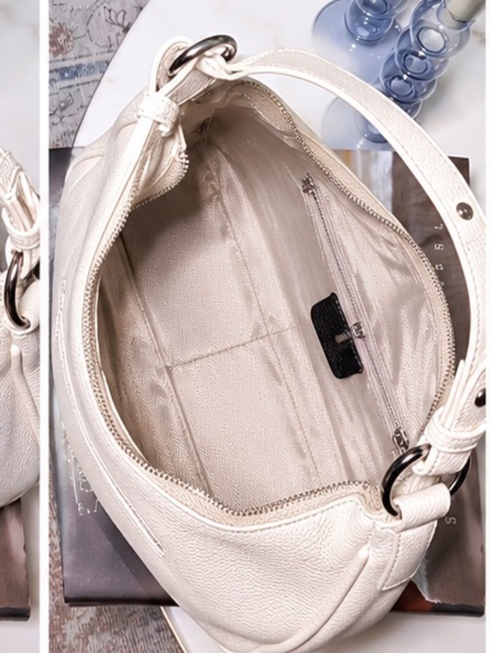Top Grain Leather Crescent Hobo Shoulder Bag in Cream - Picture 4 of 8